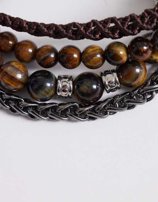 ASOS DESIGN – Armbänder mit Tigeraugen-Halbedelsteinen und Kettchen in Braun, 4er-Pack, 2 von 3