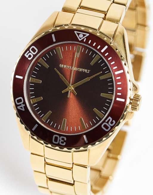 ASOS DESIGN - Armbandhorloge in goudkleur met bruine wijzerplaat