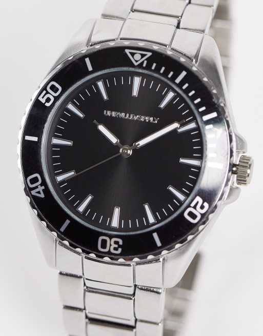 ASOS DESIGN - Armbåndsur med børstede, sølvfarvede detaljer og sort urskive