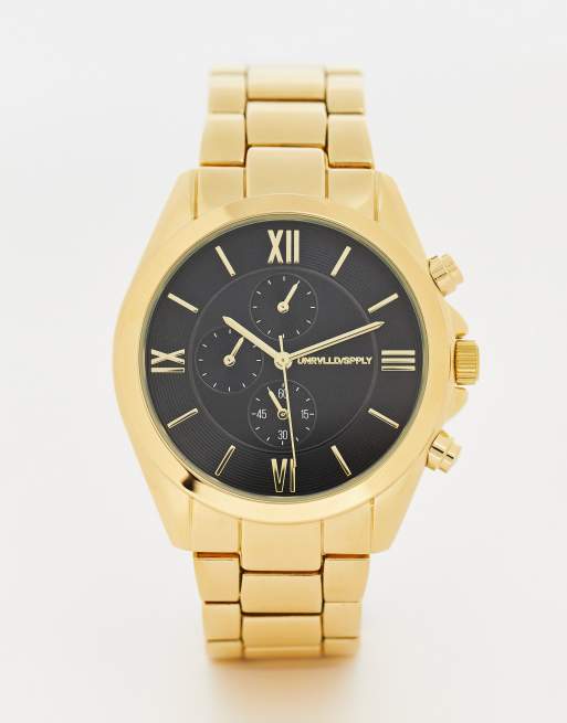 ASOS DESIGN - Armbåndsur med sort urskive i guldfarve