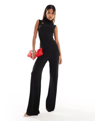 ASOS DESIGN - Ärmelloser, hochgeschlossener Jumpsuit in Schwarz mit Cut-Out