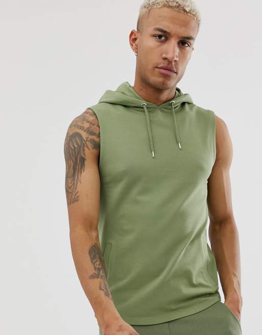 ASOS DESIGN – Ärmelloser Kapuzenpullover in Muscle-Form in Khaki