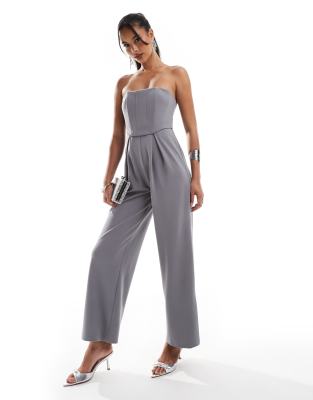 ASOS Design - Ärmelloser Korsett-Jumpsuit in Rauchgrau mit weitem Bein