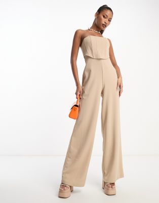 ASOS Design - Ärmelloser Korsett-Jumpsuit mit weitem Bein in Steinbeige-Neutral