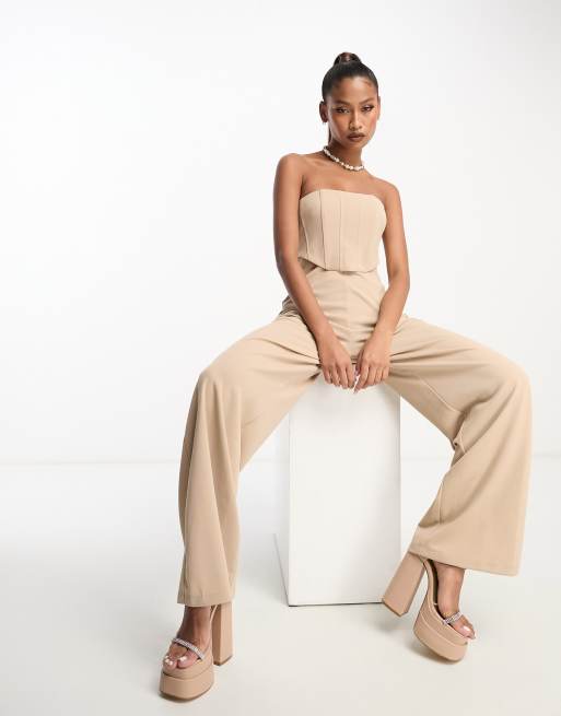 ASOS Design – Ärmelloser Korsett-Jumpsuit mit weitem Bein in Steinbeige, 2 von 4