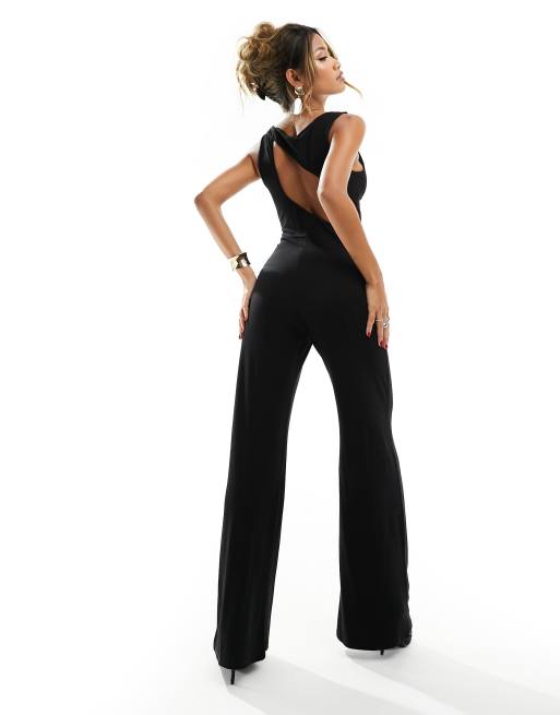 FhyzicsShops DESIGN – Ärmelloser Mini-Jumpsuit in Schwarz mit weitem Bein und Zierausschnitt am Rücken