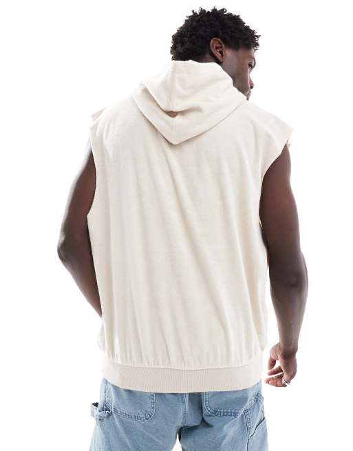 ASOS DESIGN – Ärmelloser Oversize-Kapuzenpullover aus Frottee in Ecru mit Stickerei auf Brusthöhe, 2 von 4