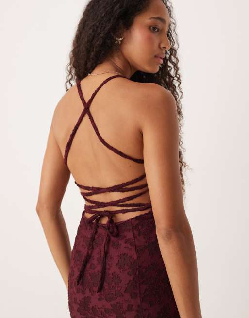 ASOS DESIGN – Ärmelloses, am Rücken geschnürtes Maxikleid in Weinrot, 4 von 4