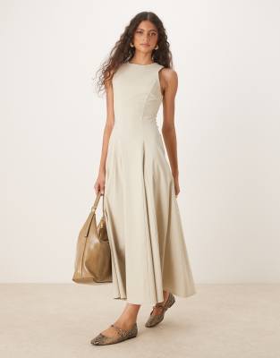 ASOS DESIGN - Ärmelloses Bengaline-Midikleid in Steinbeige mit Korsett-Taille-Neutral