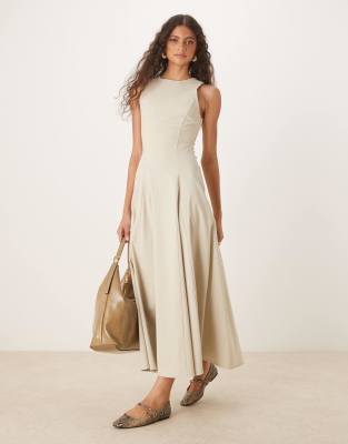 ASOS DESIGN - Ärmelloses Bengaline-Midikleid in Steinbeige mit Korsettdetail in der Taille-Neutral
