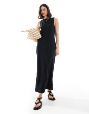 ASOS DESIGN - Ärmelloses, breit geripptes Midikleid in Schwarz mit U-Boot-Ausschnitt