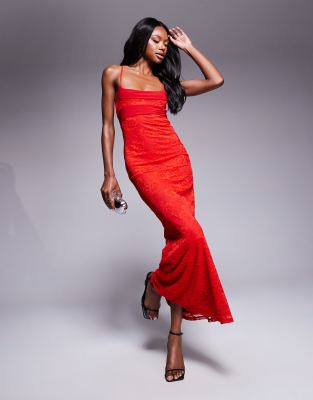 ASOS DESIGN - Ärmelloses Camisole-Maxikleid in Rot mit Spitze und U-Ausschnitt
