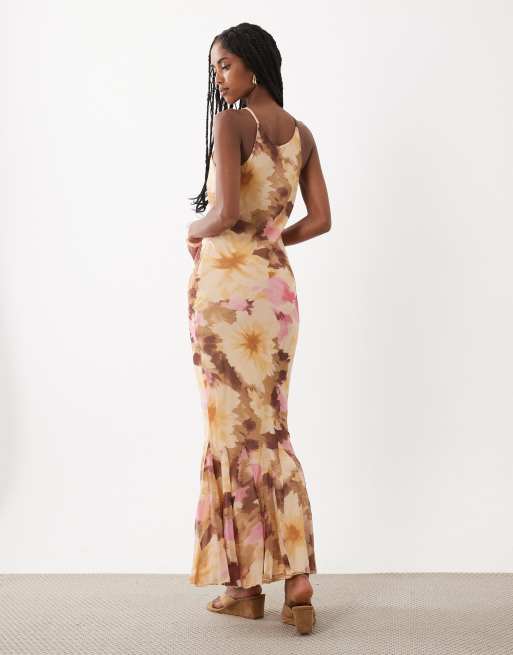 ASOS DESIGN – Ärmelloses Chiffon-Maxikleid in Rosa mit orangefarbenem Blumenmuster und Godet-Saum, 3 von 4