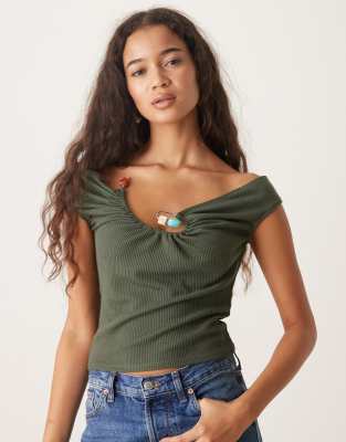 ASOS DESIGN - Ärmelloses, geripptes Oberteil in Khaki mit Besatz-Grün