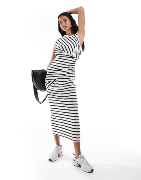ASOS DESIGN – Ärmelloses, gestreiftes Midaxikleid in Schwarz-Weiß mit verdrehtem Detail - view 1