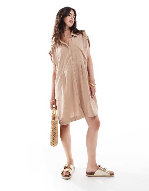 ASOS DESIGN – Ärmelloses Hänger-Hemdkleid in Stein aus Doppelgewebe