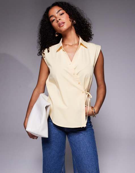 ASOS DESIGN – Ärmelloses Hemd in Buttermilchgelb mit diagonaler Knopfleiste - view 1