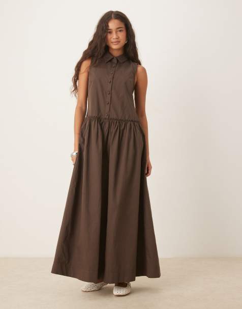 ASOS DESIGN – Ärmelloses Maxi-Hemdblusenkleid aus Popeline in Bitterschokoladenbraun mit tiefer Taille - view 1