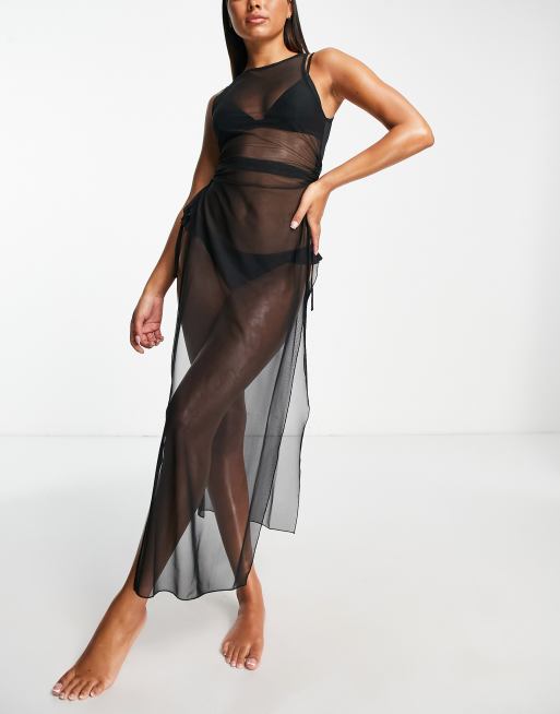ASOS DESIGN – Ärmelloses Maxi-Strandkleid aus schwarzem Netzstoff mit Raffung und hohen Schlitzen , 4 von 4