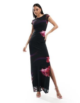 ASOS DESIGN - Ärmelloses Maxikleid aus Netzstoff in Schwarz mit abstraktem Unterwasserdruck in Rosa-Bunt