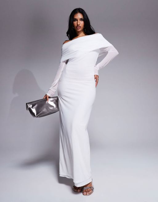 ASOS DESIGN – Ärmelloses Maxikleid aus Stretch-Chiffon in Weiß mit Carmen-Ausschnitt