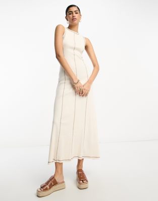 ASOS DESIGN - Ärmelloses Maxikleid in Creme mit farblich abgesetzten Ziernähten-Weiß