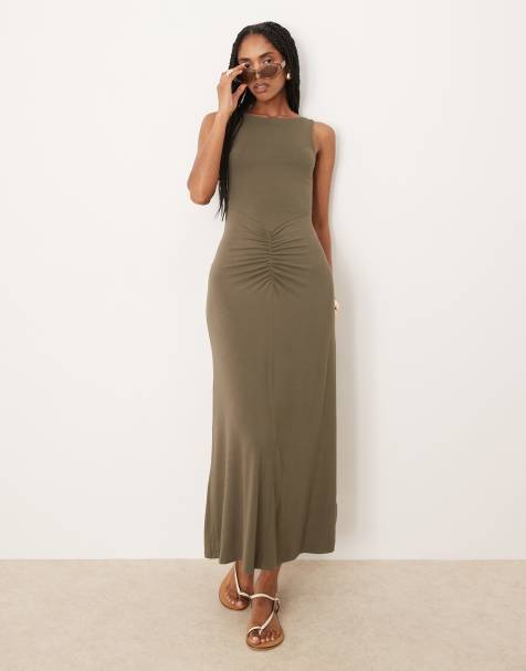 ASOS DESIGN – Ärmelloses Maxikleid in Khaki mit geraffter Vorderseite und U-Boot-Ausschnitt - view 1