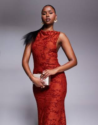 ASOS DESIGN - Ärmelloses Maxikleid in Rost mit Ausbrennermuster und verdrehter Schulterpartie-Orange