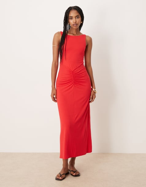 ASOS DESIGN – Ärmelloses Maxikleid in Rot mit geraffter Vorderseite und U-Boot-Ausschnitt - view 1