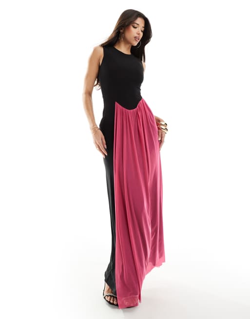 ASOS Design – Ärmelloses Maxikleid in Schwarz mit drapiertem Detail in kontrastierendem Rosa
