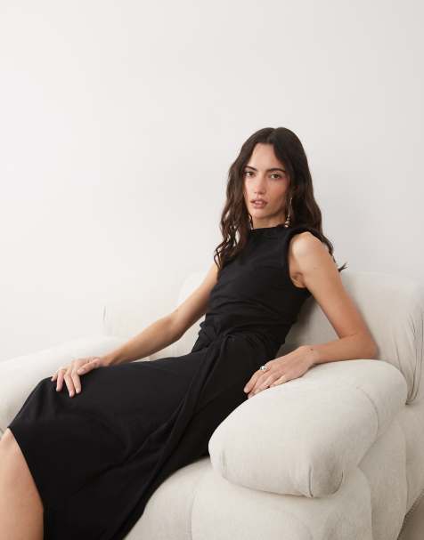 ASOS DESIGN – Ärmelloses Maxikleid in Schwarz mit Stehkragen und Knotendetail - view 1