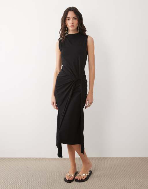 ASOS DESIGN – Ärmelloses Maxikleid in Schwarz mit Stehkragen und Knotendetail, 2 von 4