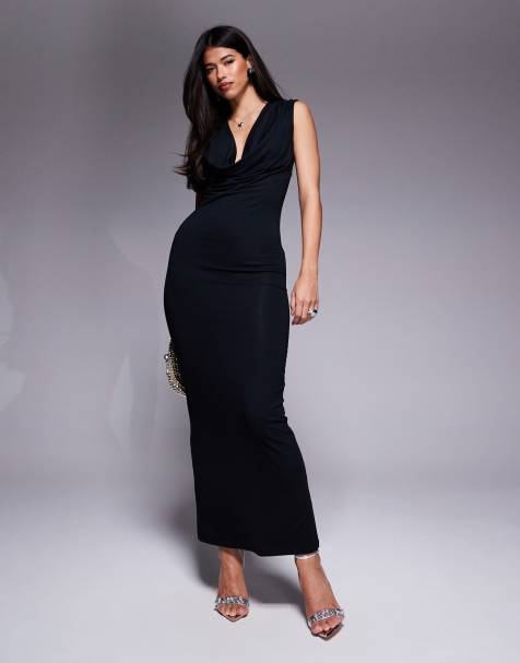 ASOS DESIGN – Ärmelloses Maxikleid in Schwarz mit tiefem Wasserfallausschnitt - view 1