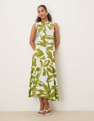ASOS DESIGN - Ärmelloses Midi-Sommerkleid aus Baumwolle mit grünem Oversize-Blumenprint-Bunt