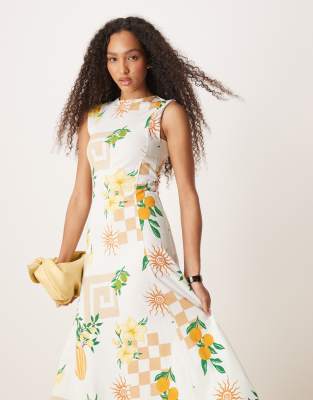 ASOS DESIGN - Ärmelloses Midi-Sommerkleid aus Baumwolle mit Postkartenprint-Bunt