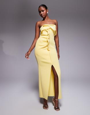 ASOS DESIGN - Ärmelloses Midikleid aus neoprenartigem Stoff in Buttermilchgelb mit verdrehter Vorderseite