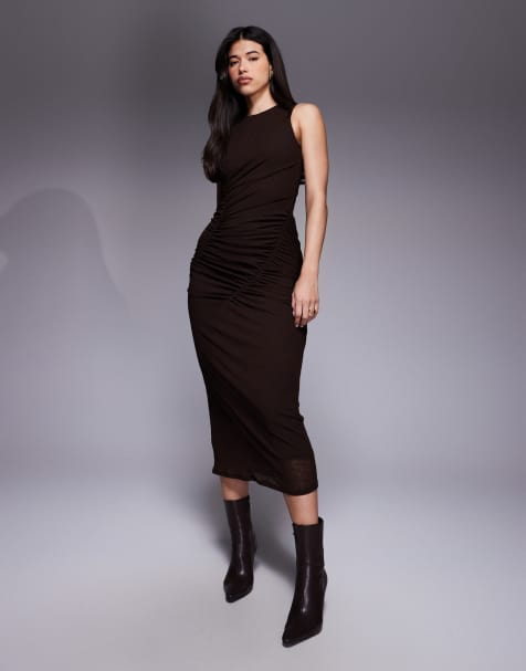 ASOS DESIGN – Ärmelloses Midikleid aus Netzstoff in Schokobraun mit gerafften Nahtdetails - view 1