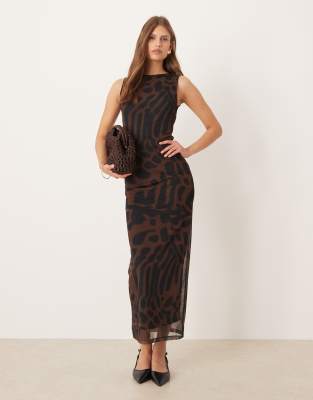 ASOS Design - Ärmelloses Midikleid in Braun aus Netzstoff mit Animal-Print-Bunt