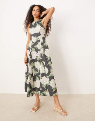 ASOS DESIGN - Ärmelloses Midikleid in Grün mit Blumenprint und Korsett-Taille-Bunt