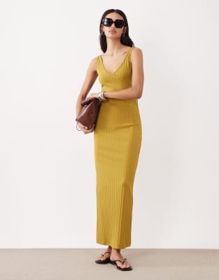 ASOS DESIGN - Ärmelloses Midikleid in Senfgelb mit breiter Rippenstruktur und V-Ausschnitt-Grün