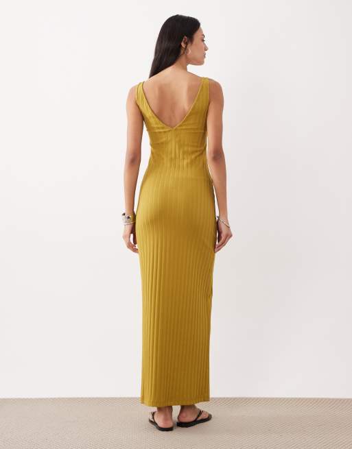 ASOS DESIGN – Ärmelloses Midikleid in Senfgelb mit breiter Rippenstruktur und V-Ausschnitt, 4 von 4