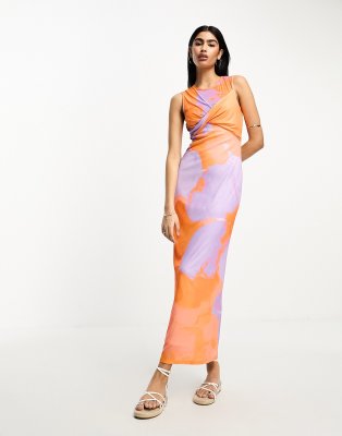 ASOS DESIGN - Ärmelloses Midikleid mit Blumenprint in Orange und Flieder und Zierknoten vorne-Bunt