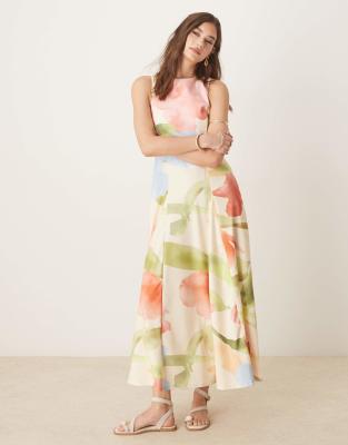 ASOS DESIGN - Ärmelloses Midikleid mit hellem Blumenprint und Korsett-Taille-Bunt
