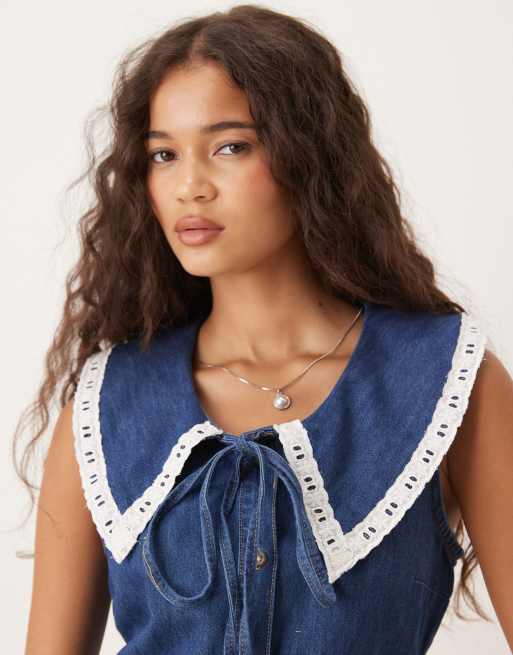 ASOS DESIGN – Ärmelloses Mini-Jeanskleid in Dunkelblau mit übergroßem Kragen, 2 von 4