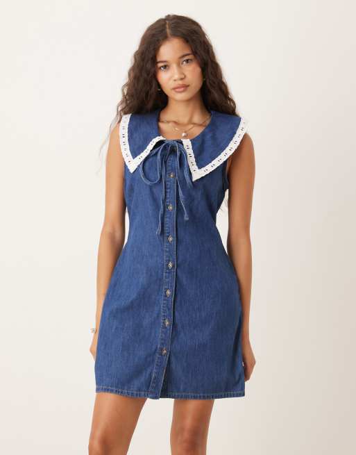 ASOS DESIGN – Ärmelloses Mini-Jeanskleid in Dunkelblau mit übergroßem Kragen, 4 von 4