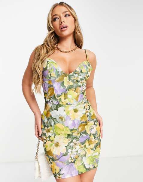ASOS DESIGN – Ärmelloses Minikleid mit Körbchen und grünem Blumenmuster - view 1