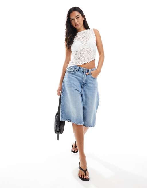 ASOS DESIGN – Ärmelloses Oberteil aus Spitze in Elfenbein mit asymmetrischem Saum, 4 von 4