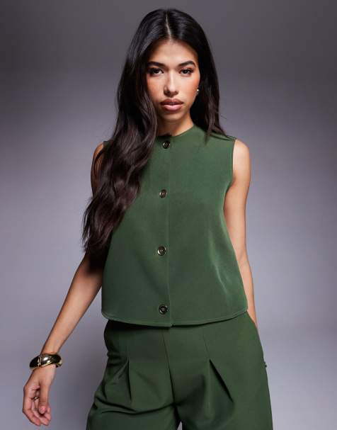 ASOS DESIGN – Ärmelloses Oberteil in Khaki mit Knopfleiste, Kombiteil - view 1