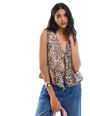 ASOS DESIGN - Ärmelloses Oberteil mit gebundener Vorderseite und Animalprint-Bunt