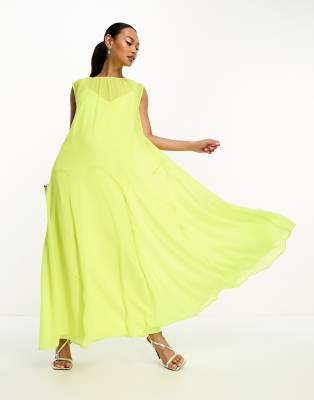 ASOS DESIGN - Ärmelloses Oversize-Hängerkleid aus Chiffon in Limettengrün mit hoch angesetzten Godet-Einsätzen-Gelb